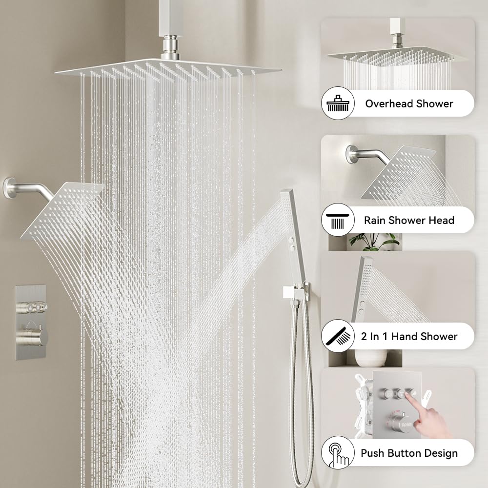 Shower Faucets Sets Brushed Nickel Shower System, 12" Ceiling Rainfall Shower and 6" Wall Mount with 2 in 1 Handhled