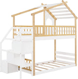 Twin Over Twin Bunk Bed with Stairs, Stairway House Bunk Bed Frame with Storage and Guard Rail for Kids Girls Boys