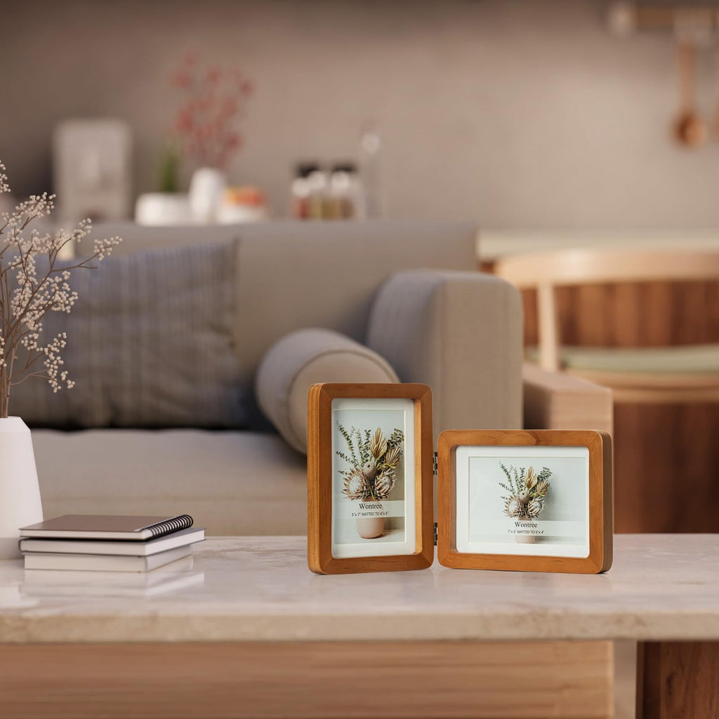 5x7 Double Vertical Horizontal Hinged Foldable Combo Rounded Corner Picture Frame, Walnut-Colored Pine Wood with Real