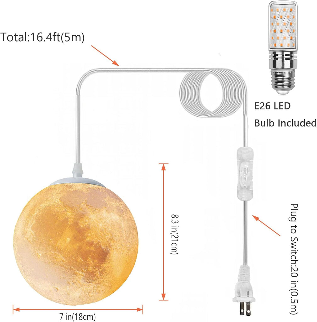 Plug-in Moon Pendant Light, Hanging Lamp with Switch & Cord, Color Dimmable LED Ceiling Lamp for Kids' Bedroom or