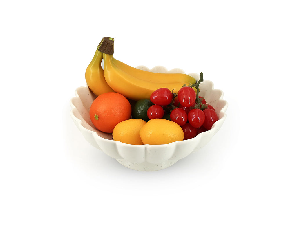Large Fruit Bowl Counter-10.6" White Ceramic Fluted Scalloped Decorative Footed Bowl -Elegant Pedestal Display Bowls