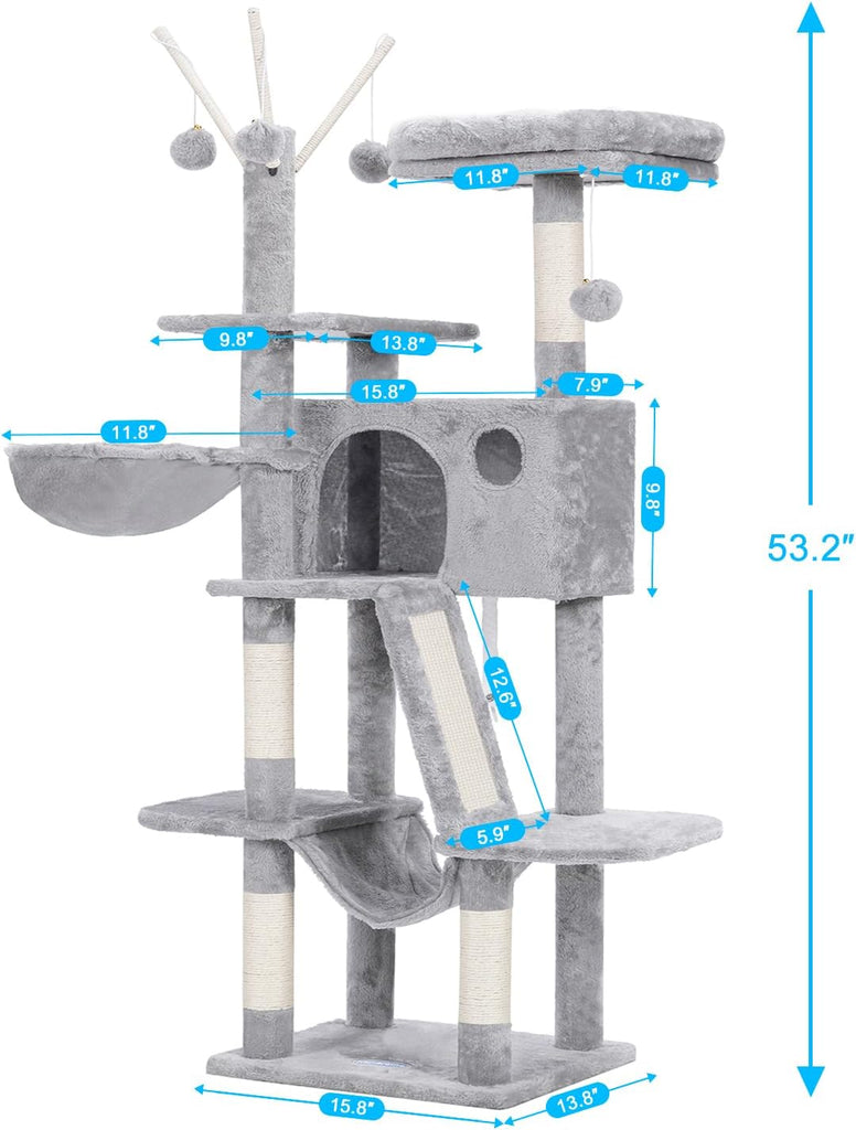 Cat Tree, 53 inch Cat Tower for Indoor Cats, Cat House with Padded Platform Bed, Toy Balls, Large Cozy Condo