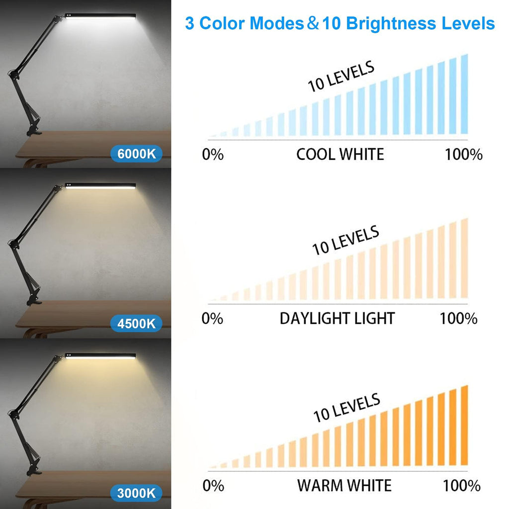 LED Desk Lamp,Reading,Adjustable Eye-Caring Desk Light with Clamp,Swing Arm Lamp Includes 3 Color Modes,10