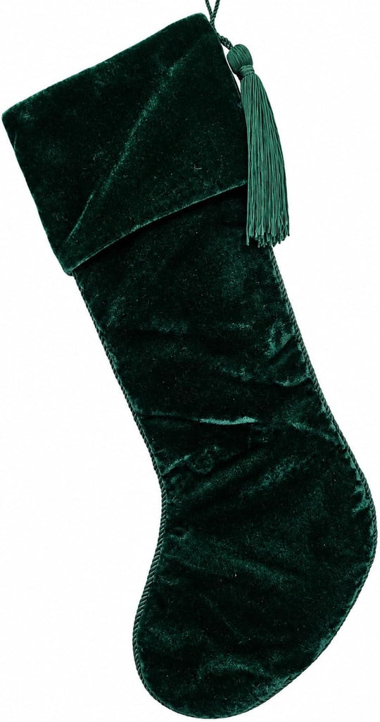 Luxury Green Velvet Christmas Stocking with Beaded Santa Claus Embroidery, Handmade Holiday Stocking with Tassel