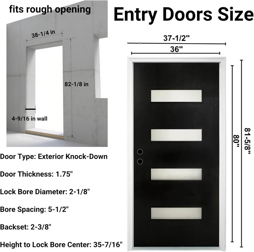 Fiberglass Entry Door Right Hand Inswing, 36 x 80, 4 Lite Frosted Glass 4-9/16 in. Vinyl Frame, Contemporary Style for