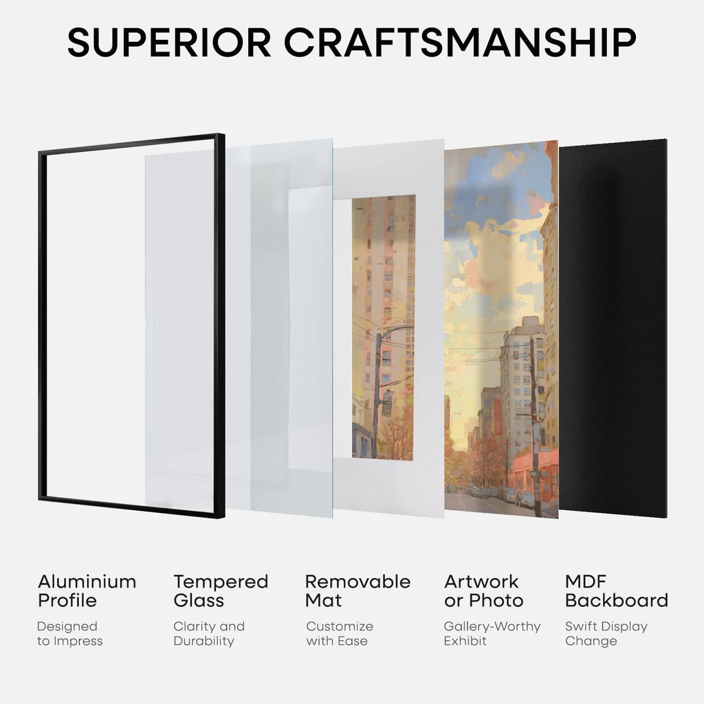 13.5x40 Black Picture Frame, High-End Metal, 10x30 Mat, Glass