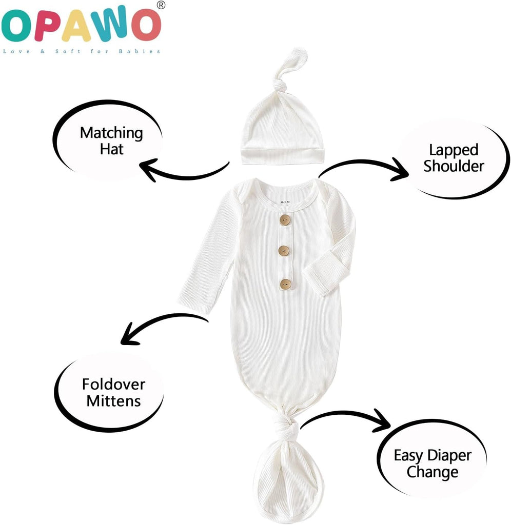 Knotted Gown Baby Newborn Sleepers Baby Boy Coming Home Outfit, Bamboo Viscose Baby Gowns with Mitten Cuffs and Hat