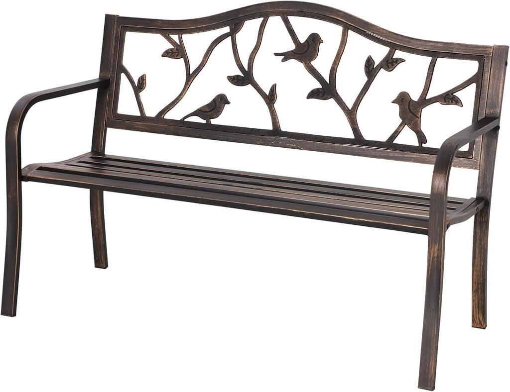 50 Inches Outdoor Bench and Park, Bird Bronze | Cast Iron Metal Garden Benches for Outdoors, Front Porch Bench with