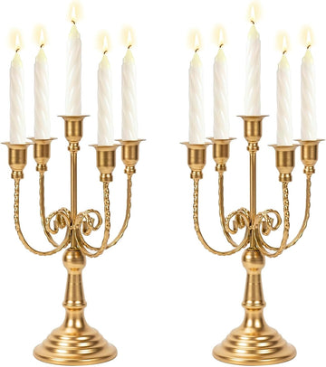 Metal Candelabra Gold Candle Stand 11.8” Tall, 5-Candle Candlestick Holder for Taper Candles, Candle Holder Party