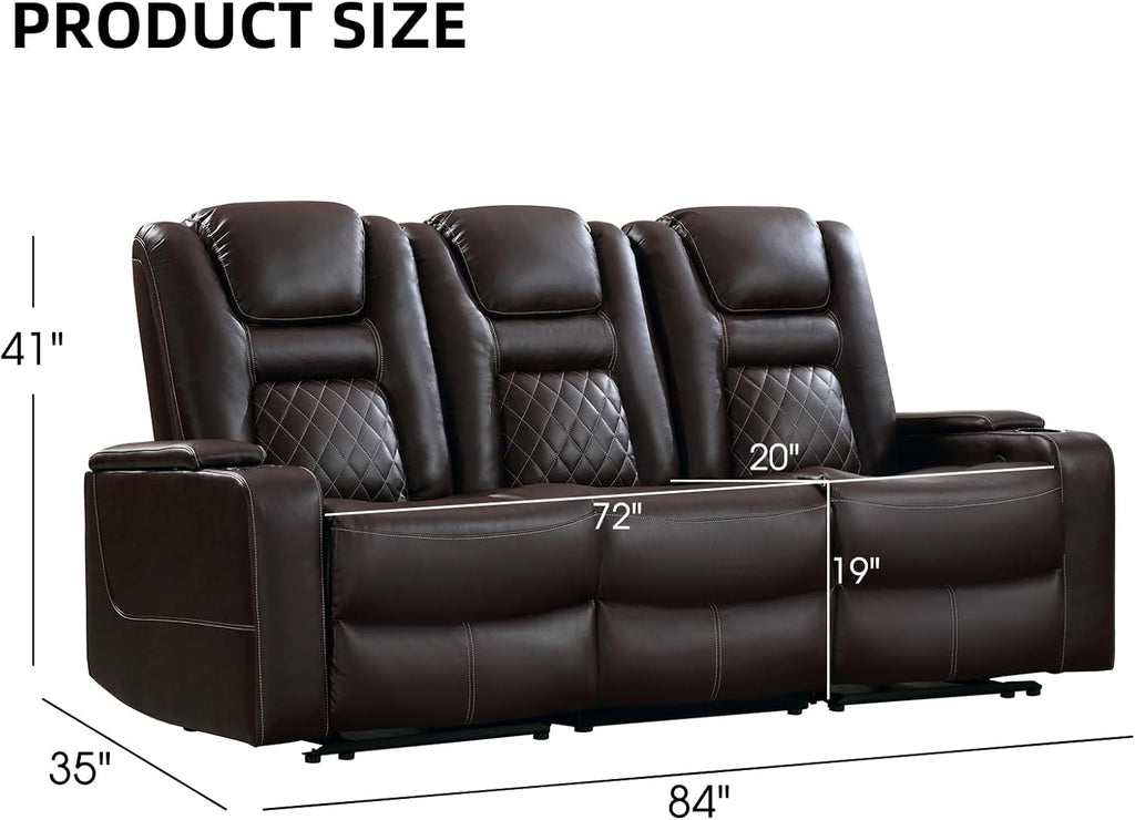 EBELLO Home Theater Seats, Faux Leather Movie 3 Seat Recliner Sofa with Hidden Arm Storage