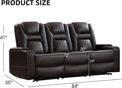 EBELLO Home Theater Seats, Faux Leather Movie 3 Seat Recliner Sofa with Hidden Arm Storage