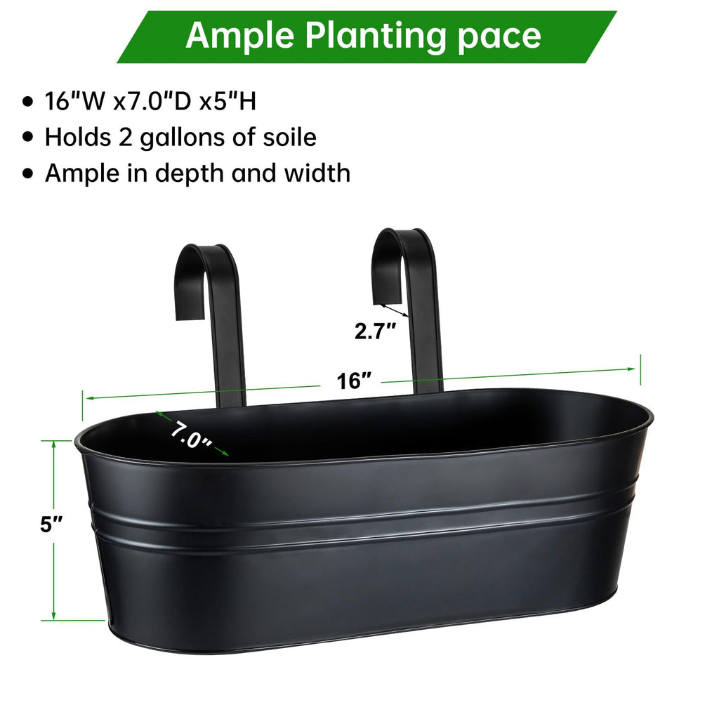 Railing Planter Box, 16" Large Hanging Planters for Outdoor Plants, 3 Pack