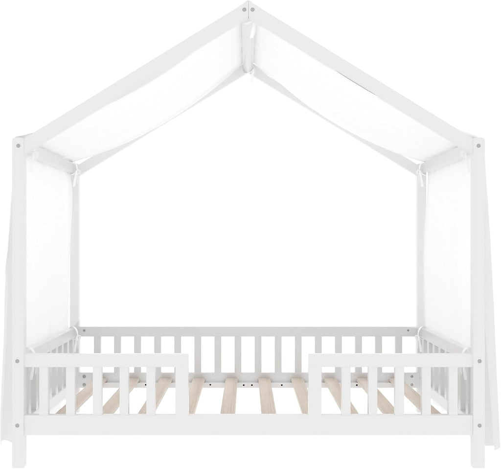 Tw Bed for Kids with High Rails, Montessori Floor Bed Twin with Roof & Canopy, Wood House Beds Frame for Boys Girls