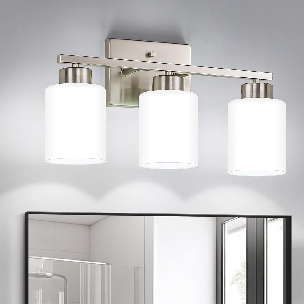 Brushed Nickel Bathroom Light Fixtures Vanity Lights Over Mirror | Modern 3-Light lighting fixtures with Milky White