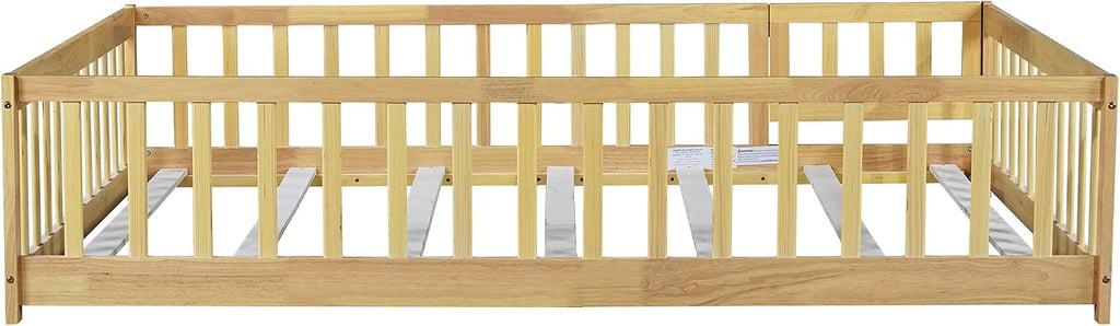 Floor Bed Frame with Fence and Door for Kids, Montessori Floor Bed with Slats and Safety Guardrails, Solid