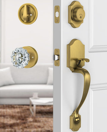 Antique Brass Front Door Lock Set with Glass Door Knob Classic