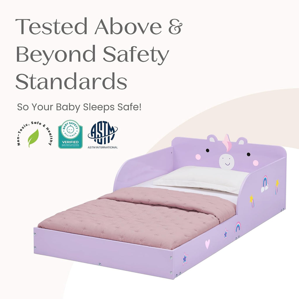 Unicorn Wood Floor Toddler Bed with Reusable Stickers, Purple