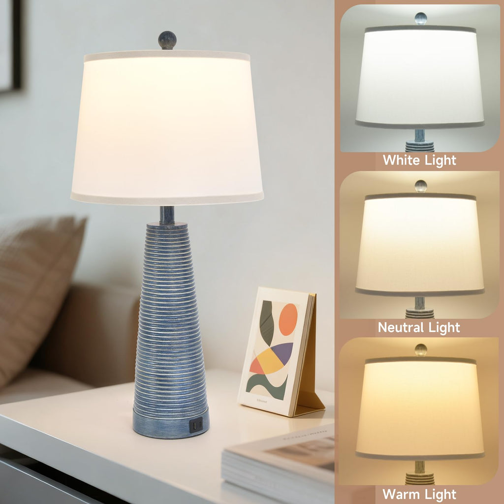 Nightstand Lamp Bedside Lamps Vintage Rustic Farmhouse Table Lamp 3 Way Dimmable Horizontal Stripe Light, Bedroom, USB