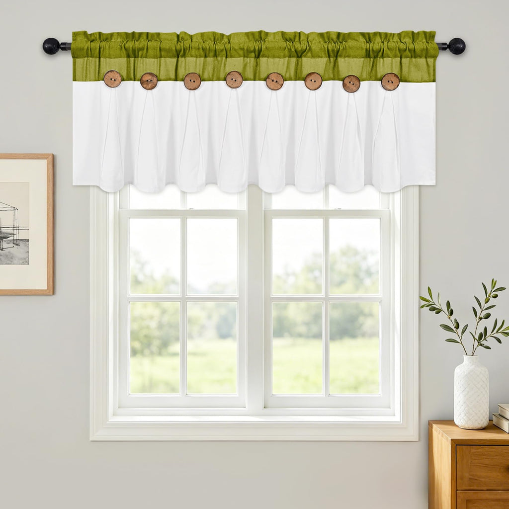 Farmhouse Valance Curtains 52x18, Cotton Linen, Fresh Green & White