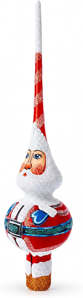 Santa in Red & White Suit Glass Christmas Tree Topper 11 Inches