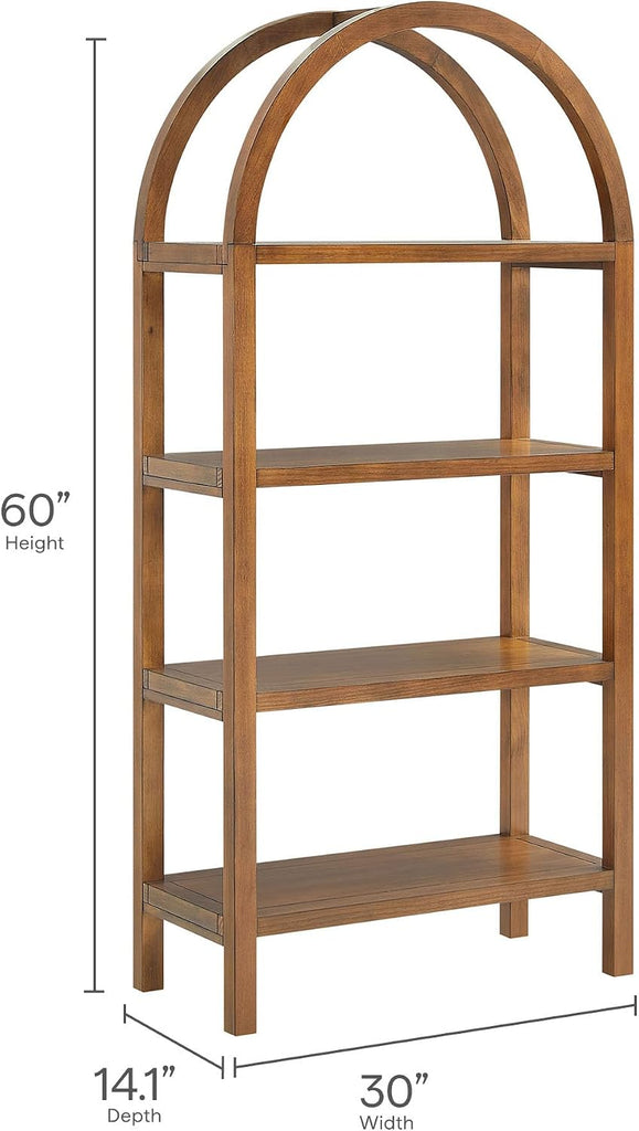 Vexley 60 Inch Arched Bookshelf in Walnut - Modern Pine and Acacia Open Display Bookcase , Reading Nook