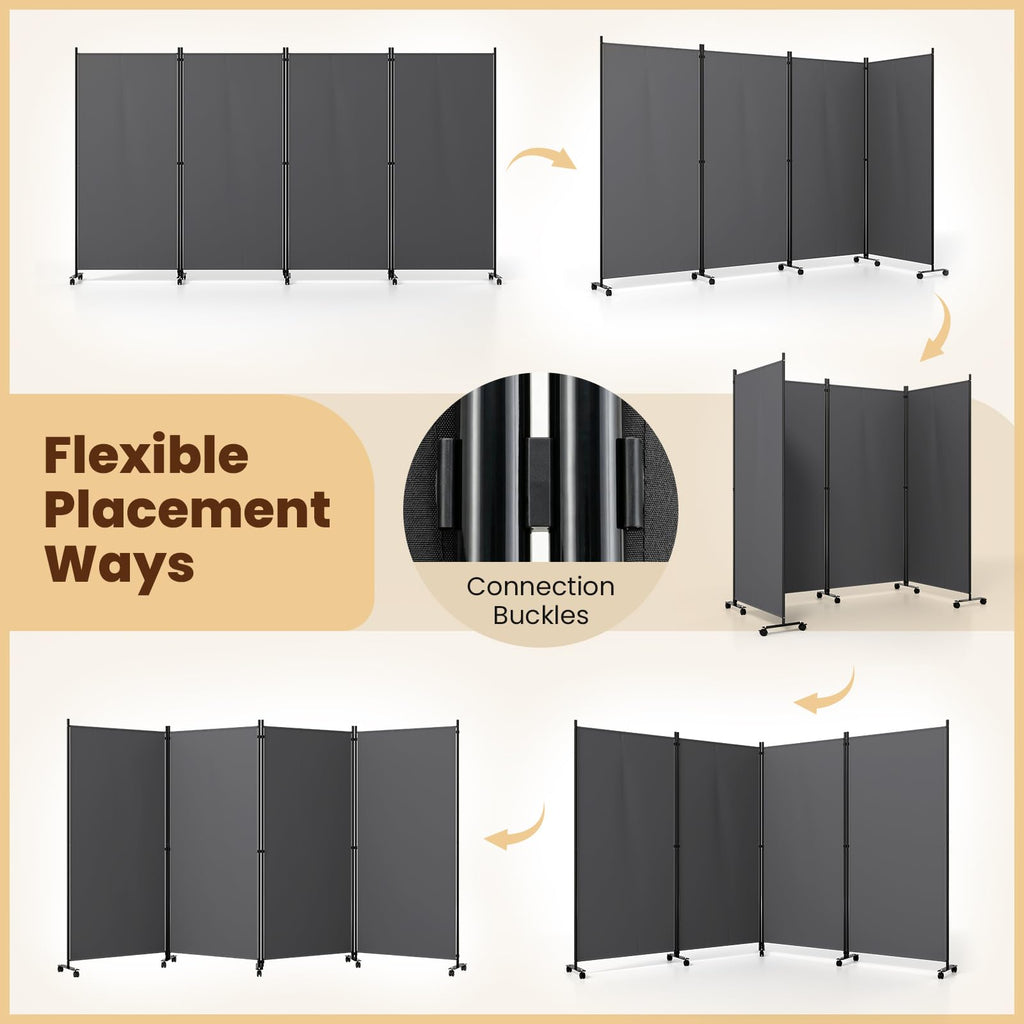 4-Panel Folding Room Divider with Wheels, 137'' x 71'', Gray