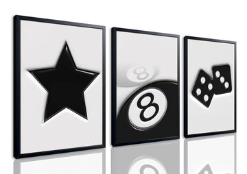 Black And White Wall Art Set of 3, Vintage Y2k Dice 8 Ball Canvas Prints Painting, Funky Lucky Preppy Posters