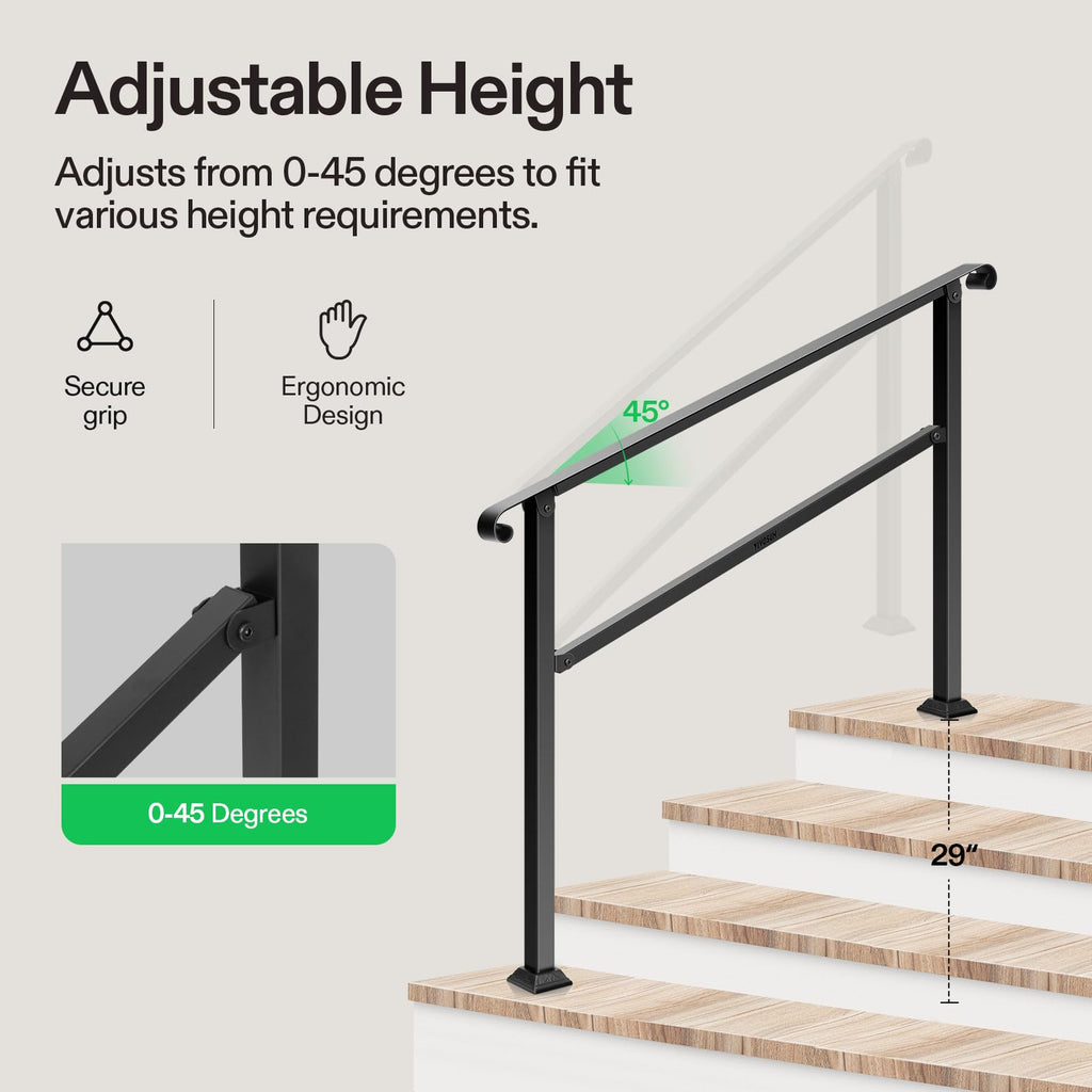 4-Step Stair Handrail 54"x36" Wrought Iron with Curved Ends Black