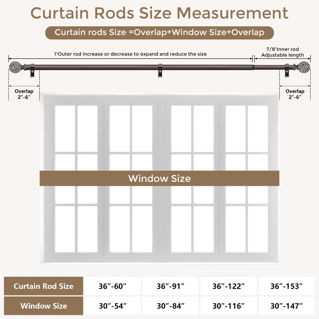 2 Pack Wood Boho Decorative Curtain Rod, 36-91 Inch, Walnut