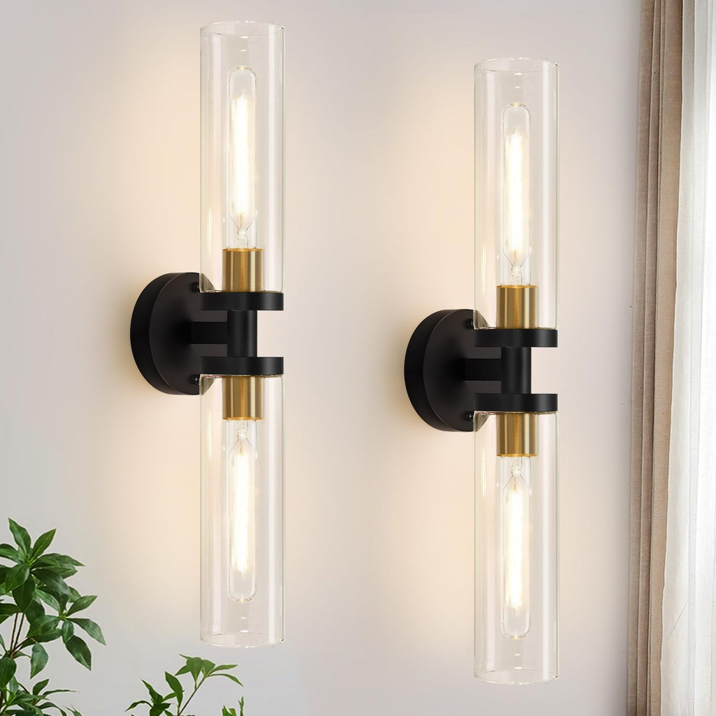 Hardwired Wall Sconces Set of Two, 22" Black and Gold Bathroom Sconces with Clear Glass, Modern Sconces Wall Decor
