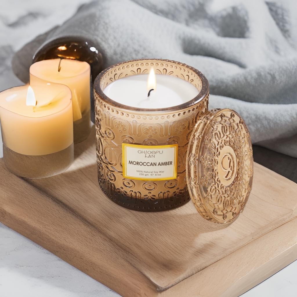 Amber Candles Scented, Gifts for Women & Men, Luxury Glass Jar Candle, Natural Soy Wax, Home Decor, 55 Hours Long