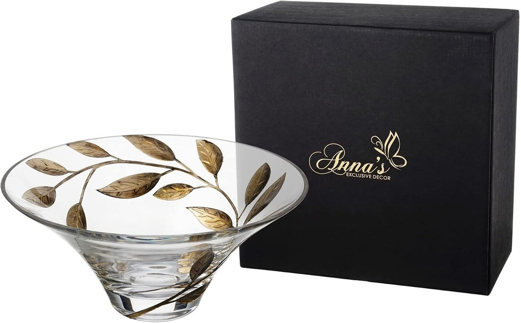 Decorative Glass Bowl Fruit Display - Etched, Hand Painted Leaves Decor - Mouth Blown Clear Glass - Large Salad
