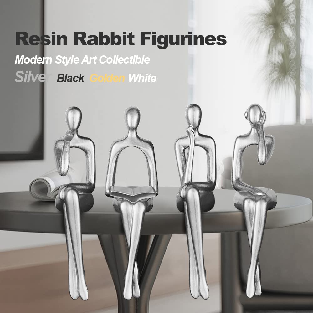 Silver Accent Decor Thinker Statuem, Statues Decorations Abstract Sitting Thinker Desk Sculpture Table Decor 4 Piece