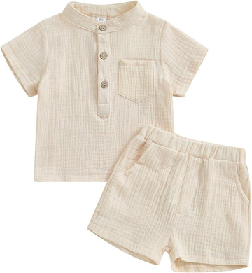 Toddler Baby Boy Summer Clothes Muslin Button Up Short Sleeve Henley Shirts Tops Shorts Set Cute Summer Outfits