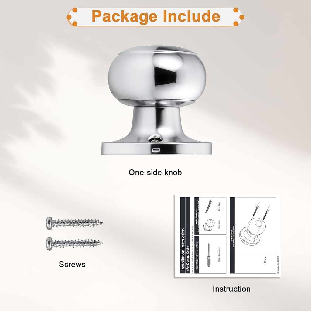 Polished Chrome Door Knob One Side 4 Pack, Fake Door Handles Dummy Function for Closet French Doors, Chrome Inactive