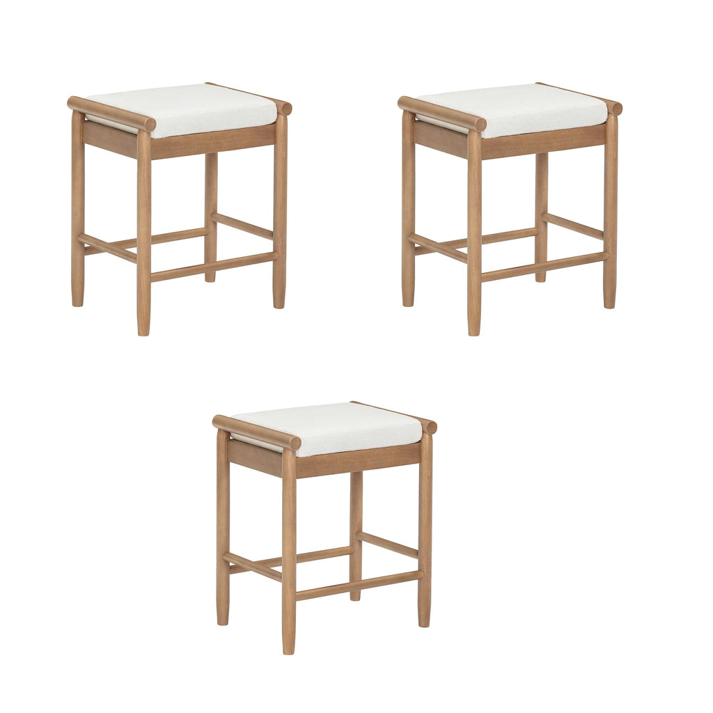 Kirsten Scandinavian Backless Wooden Bar Stool, Boucle Bar Stool with Tapered Solid Wood Legs, Boucle/Light Brown Set