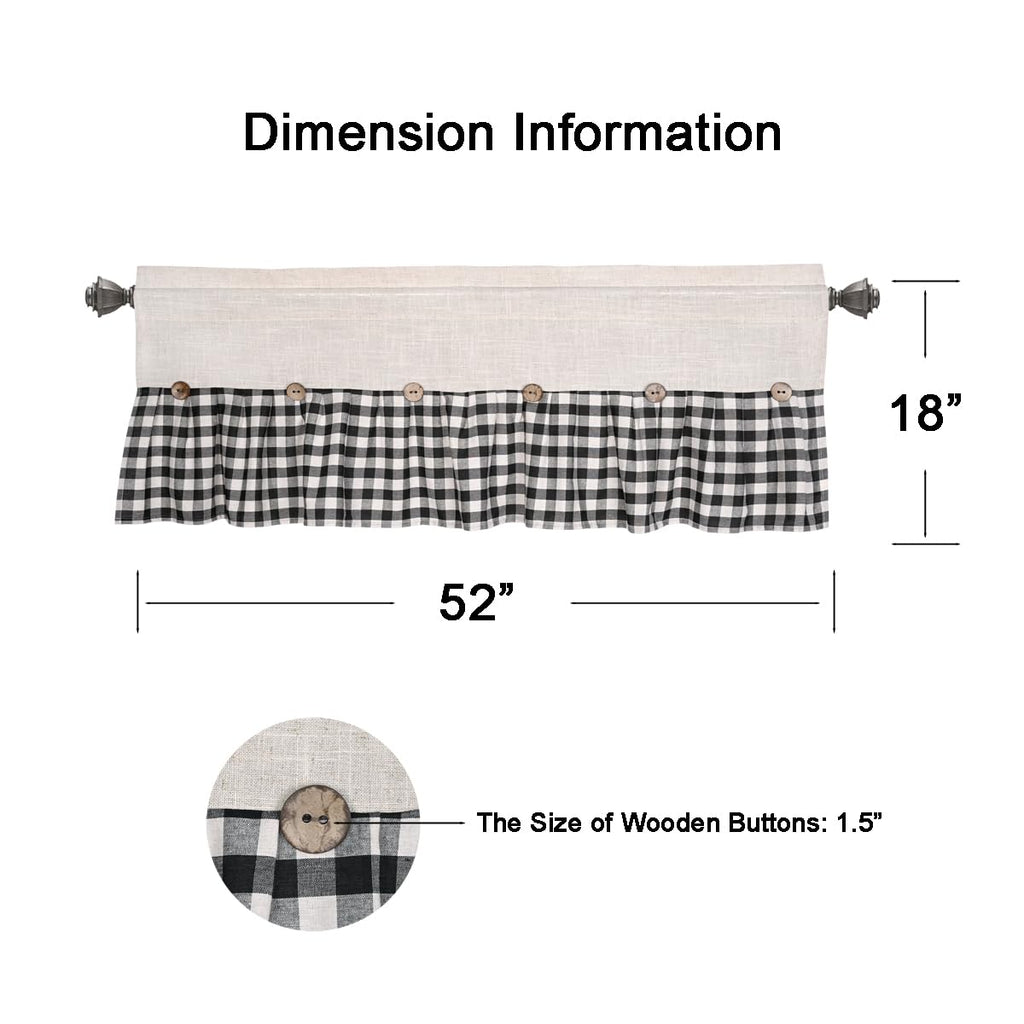 Farmhouse Rustic Linen and Black Plaid Cotton Valance, Buffalo Pleated Design with Coconut Buttons, Multi-Room Window