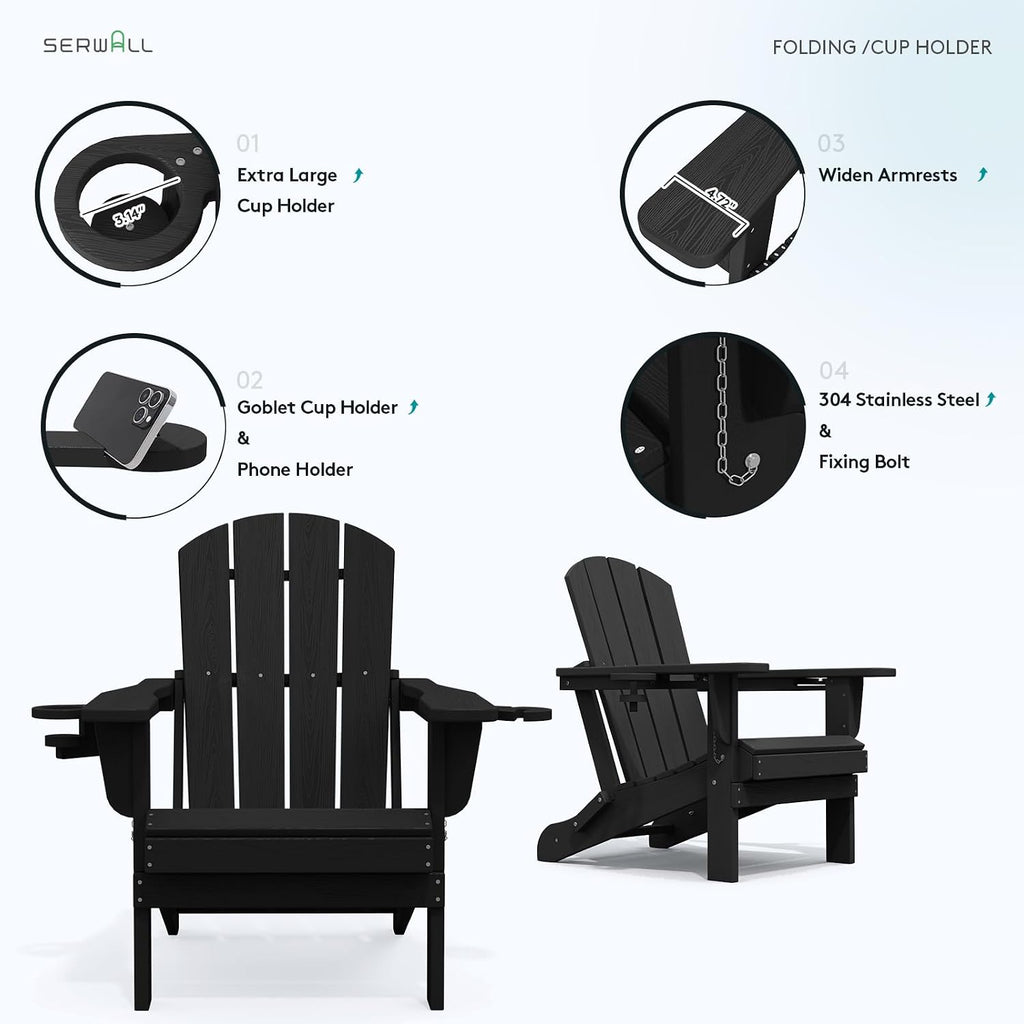 Outdoor Adirondack Chair Set of 2 with 2 Cup Holders,Foldable,Black | HDPE Composite,Waterproof,Wood Grain,Cup &