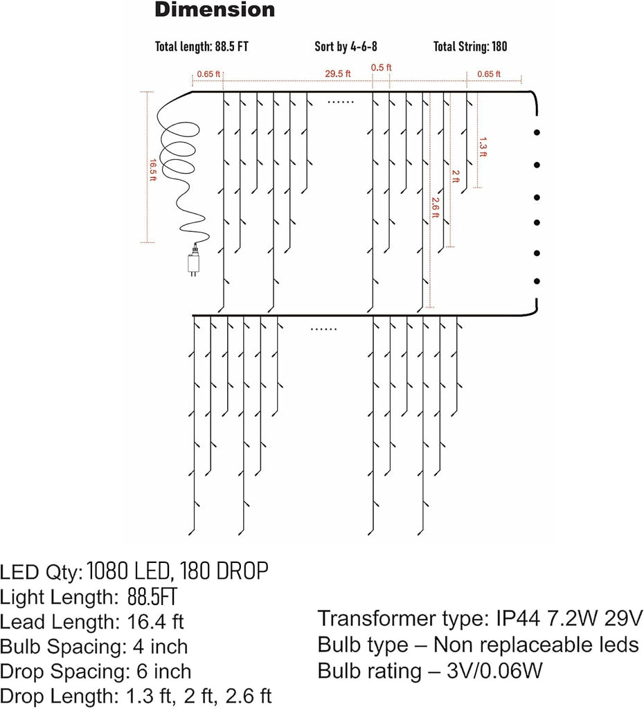 Bright Christmas Icicle Lights, 88.5 FT 1080 LED 8 Modes Curtain Fairy Lights with 180 Drops, Xmas String Lights