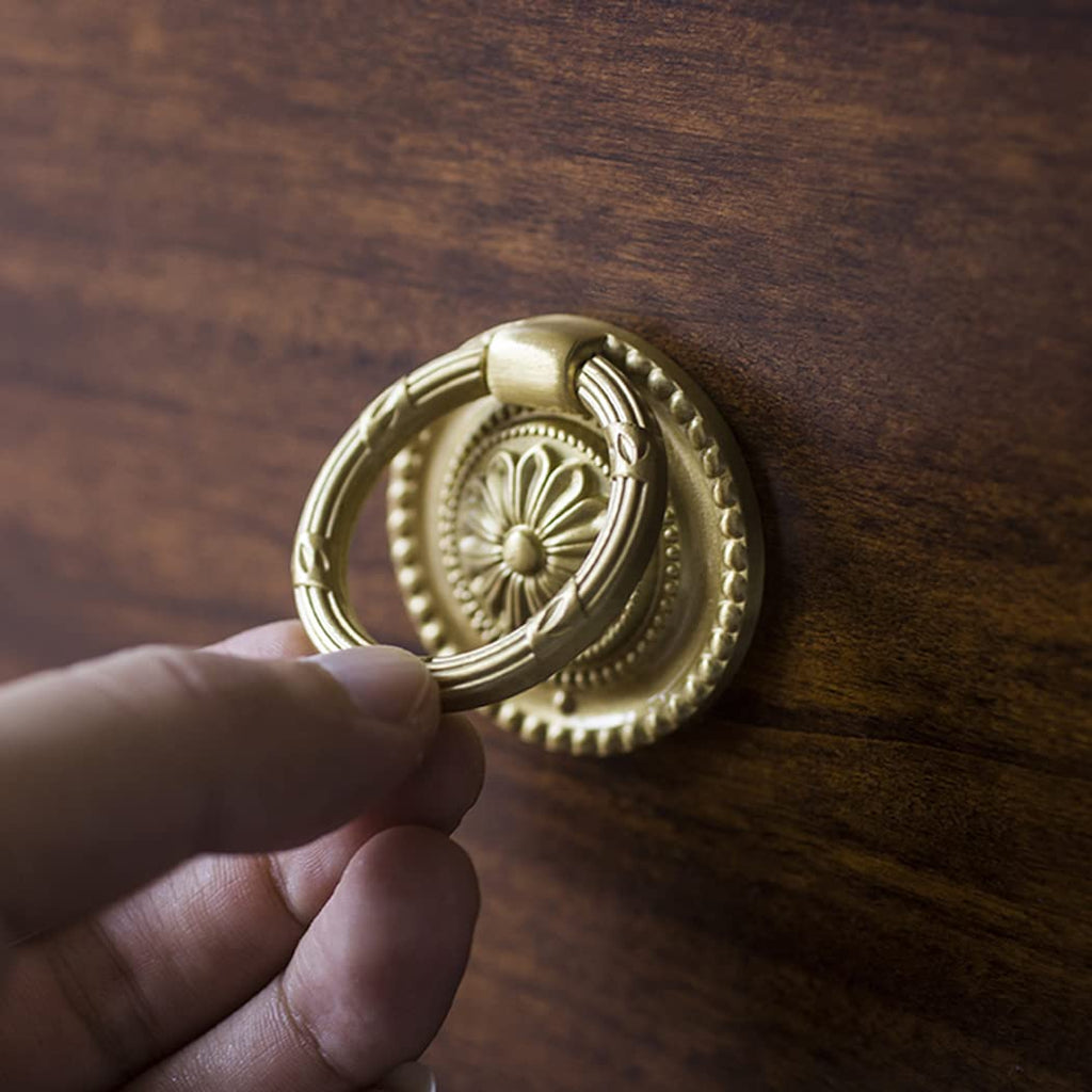Brass Cabinet Rings Gold Knobs, Drawer Round European Handles Antique Gold Knobs Kitchen, 4 Pack