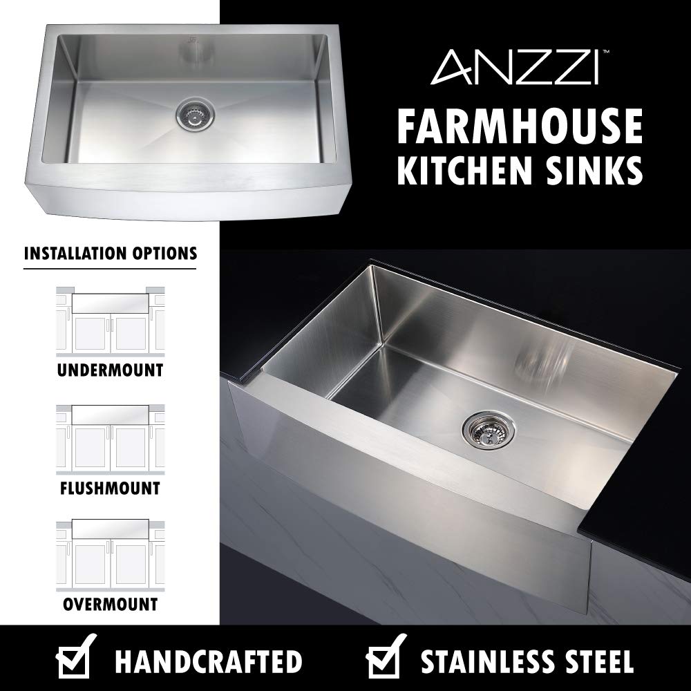 Elysian 32" Farmhouse Stainless Steel Kitchen Sink With Strainer, 16