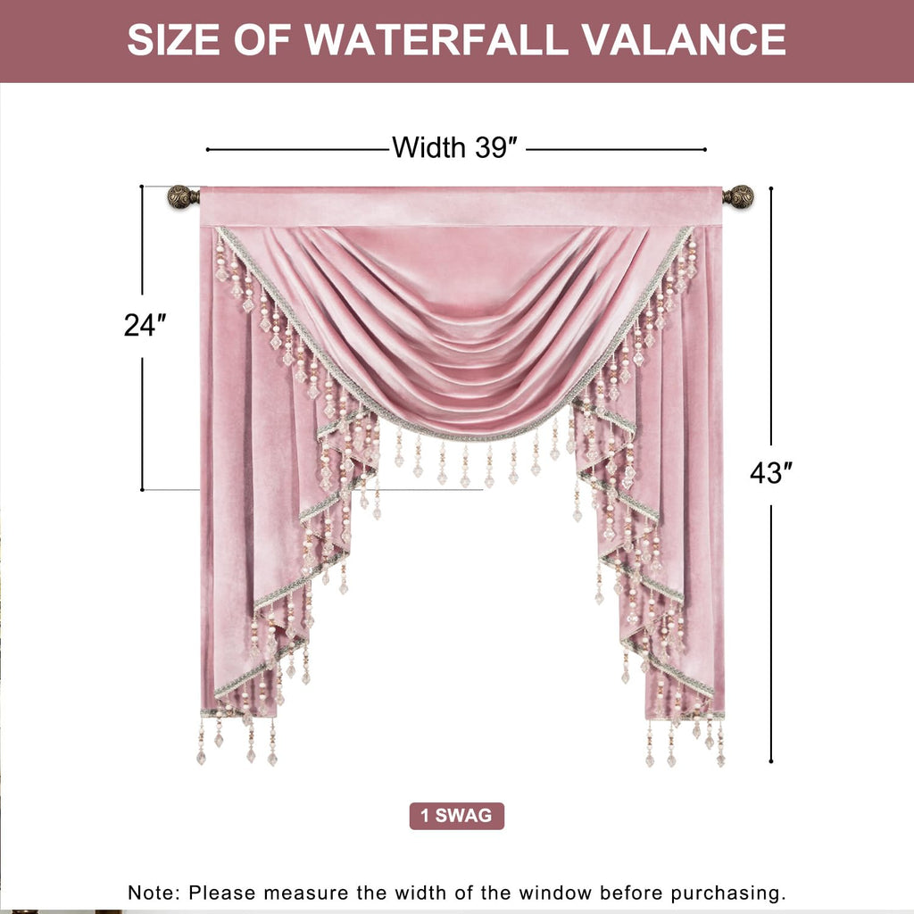 Solid Pink Waterfall Valance with Luxury Tassels, Rod Pocket Elegant Velvet Swag Valance, European Style Window