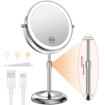 7" Lighted Makeup Mirror with Magnification 10X, Height Adjustable,3 Lights