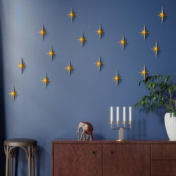 16PCS Mid Century Modern 3D Star Wall Art Gold Retro Starburst Sculptures Vintage Celestial Home Decor, Gold