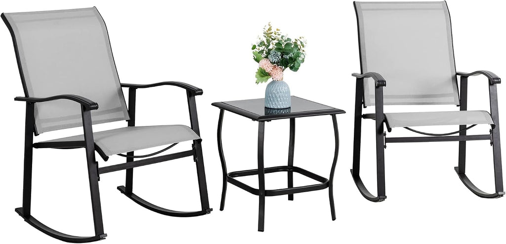 3 Piece Outdoor Rocking Bistro Set, Textilene Fabric Small Patio Furniture Set, Front Porch Rocker Chairs