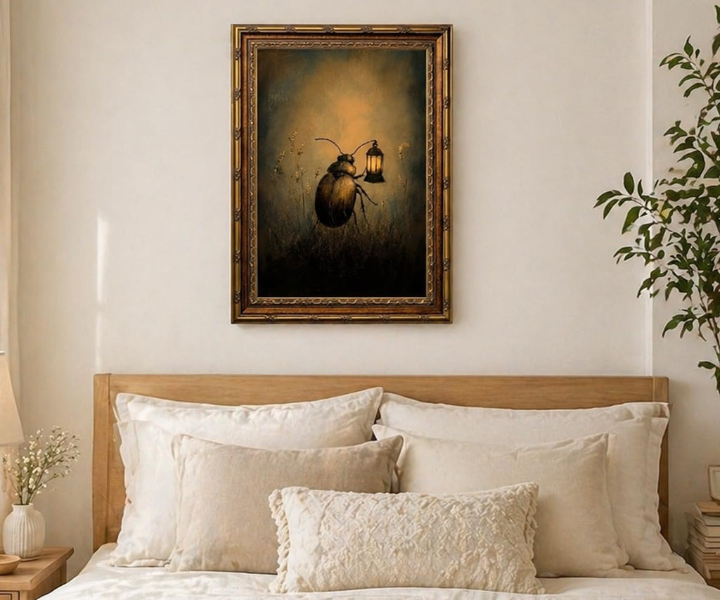 Vintage Gold Framed Wall Art Retro Dark Beetle with Lantern Academia Insect Poster Canvas Print Painting, Farmhouse