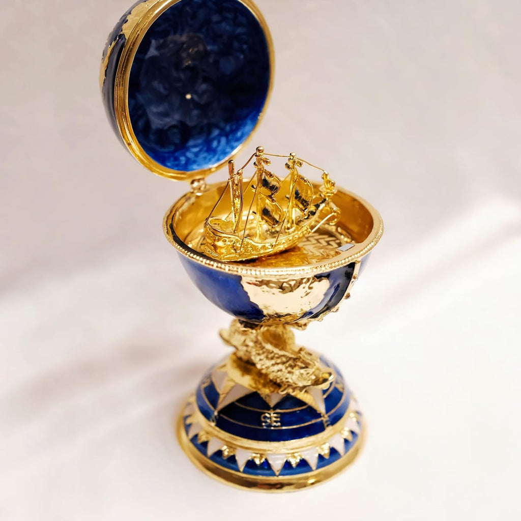 Decorative Globe Jewelry Box, Blue and Gold Enameled Trinket Box, World Map Design