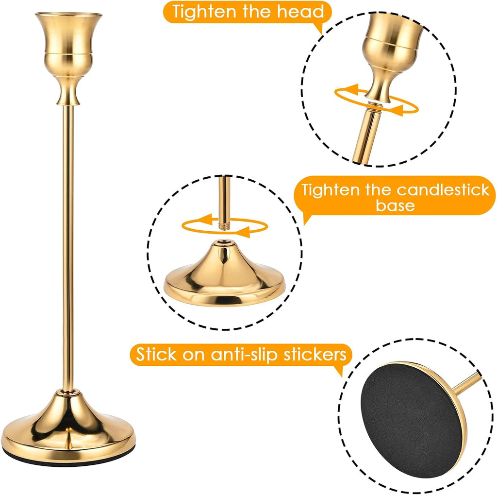 Brass Gold Candle Holders Set of 12, Metal Taper Candlestick Holders in 3 Heights - Vintage Candle Stick Holder Brass