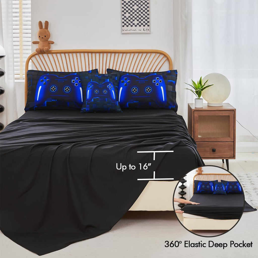 Twin Bed in A Bag 6 Pieces Gaming Bedding Set for Boys Blue Gamer Comforter with Sheet Set for Kids Teen Cool Video