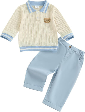 Toddler Baby Boy Clothes Bear Embroidery Sweater Sweatshirt Long Sleeve Sweatsuit 2Pcs Pant Set Fall Winter Outfits
